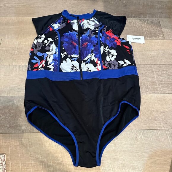 SWIMSUITS FOR ALL WOMENS SIZE 28 ONE PIECE BATHING SUIT BLUE AND BLACK NEW - Picture 1 of 7